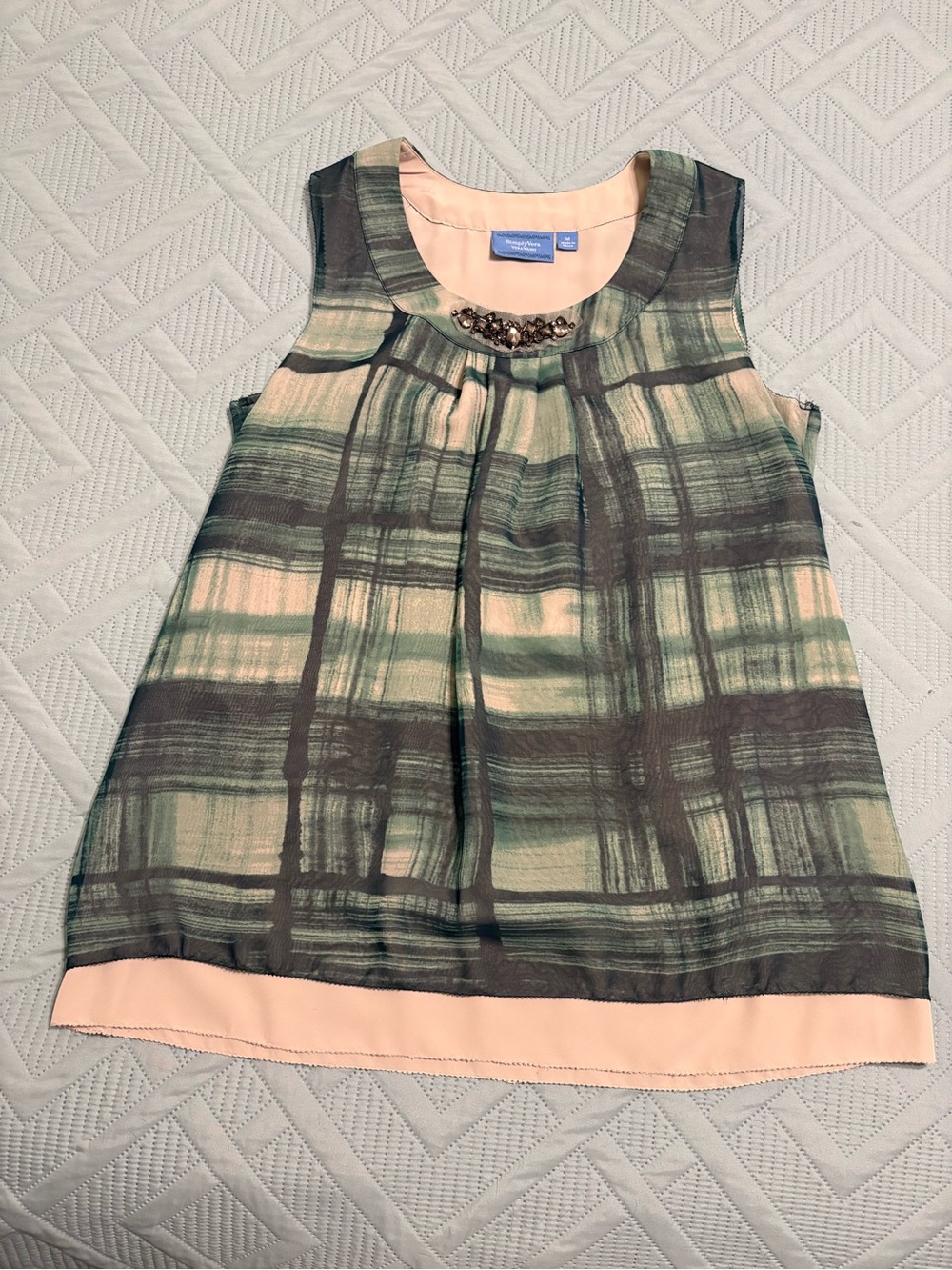 Simply Vera Vera Wang Sleeveless Blouse Green Plaid Jewel Accent Lined  Size M